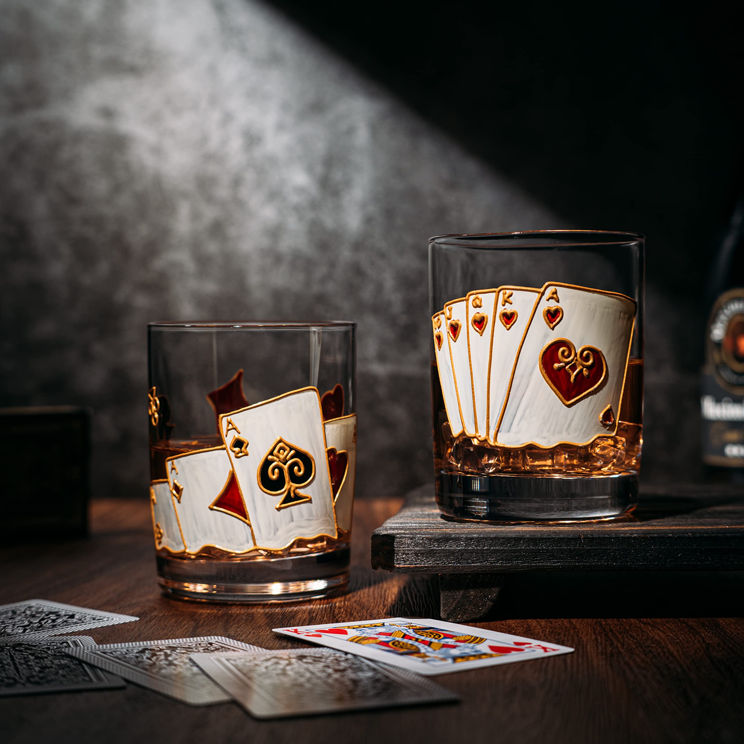 The Wine Savant Playing Cards Drinking Glasses - Artisanal Hand Painted Players Casino Set of 2 Water, Wine & Whiskey Glasses Crystal Glassware - Gift Idea for Him, Birthday, Housewarming - 12oz
