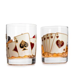 The Wine Savant Playing Cards Drinking Glasses - Artisanal Hand Painted Players Casino Set of 2 Water, Wine & Whiskey Glasses Crystal Glassware - Gift Idea for Him, Birthday, Housewarming - 12oz