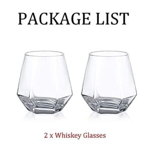 Hanobe Diamond Whiskey Glasses - Set of 2 Unique Geometric Tilted Wine Tumbler Crystal Old Fashioned Rock Lowball Glasses for Cocktail Scotch Cognac Bourbon Drinking Bar, 10oz Clear