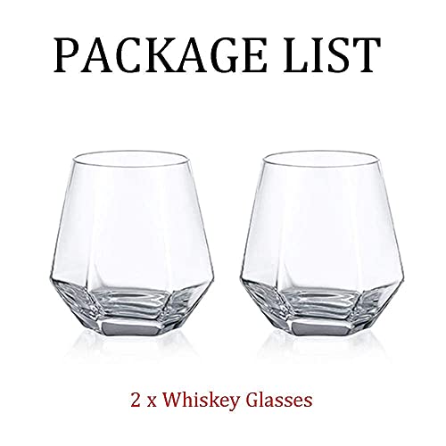 Hanobe Diamond Whiskey Glasses - Set of 2 Unique Geometric Tilted Wine Tumbler Crystal Old Fashioned Rock Lowball Glasses for Cocktail Scotch Cognac Bourbon Drinking Bar, 10oz Clear