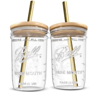 reusable boba bubble tea & smoothie cups - 2 glass wide mouth 16oz mason jars with bamboo lids - 2 reusable gold stainless steel boba straws