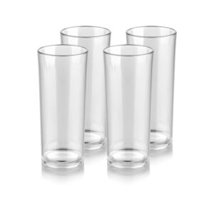 premium quality plastic drinking 10.8-ounce glasses, clear, unbreakable polycarbonate highball tumblers for water, juice, cocktails, dishwasher safe, tall for indoor outdoor use, reusable (set of 4)