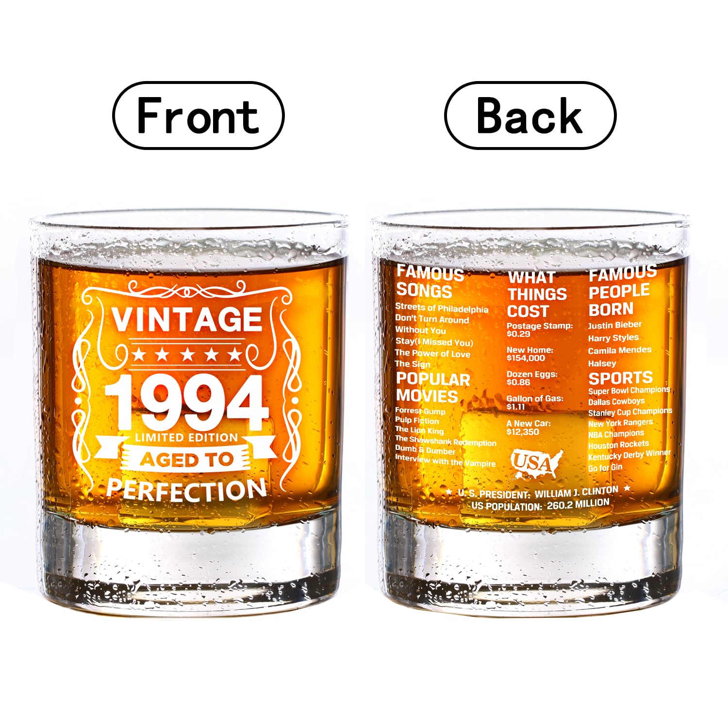 Old Fashioned Glasses-1994-Vintage 1994 Old Time Information 10.25oz Whiskey Rocks Glass -30th Birthday Aged to Perfection - 30 Years Old Gifts Bourbon Scotch Lowball Old Fashioned-1PCS