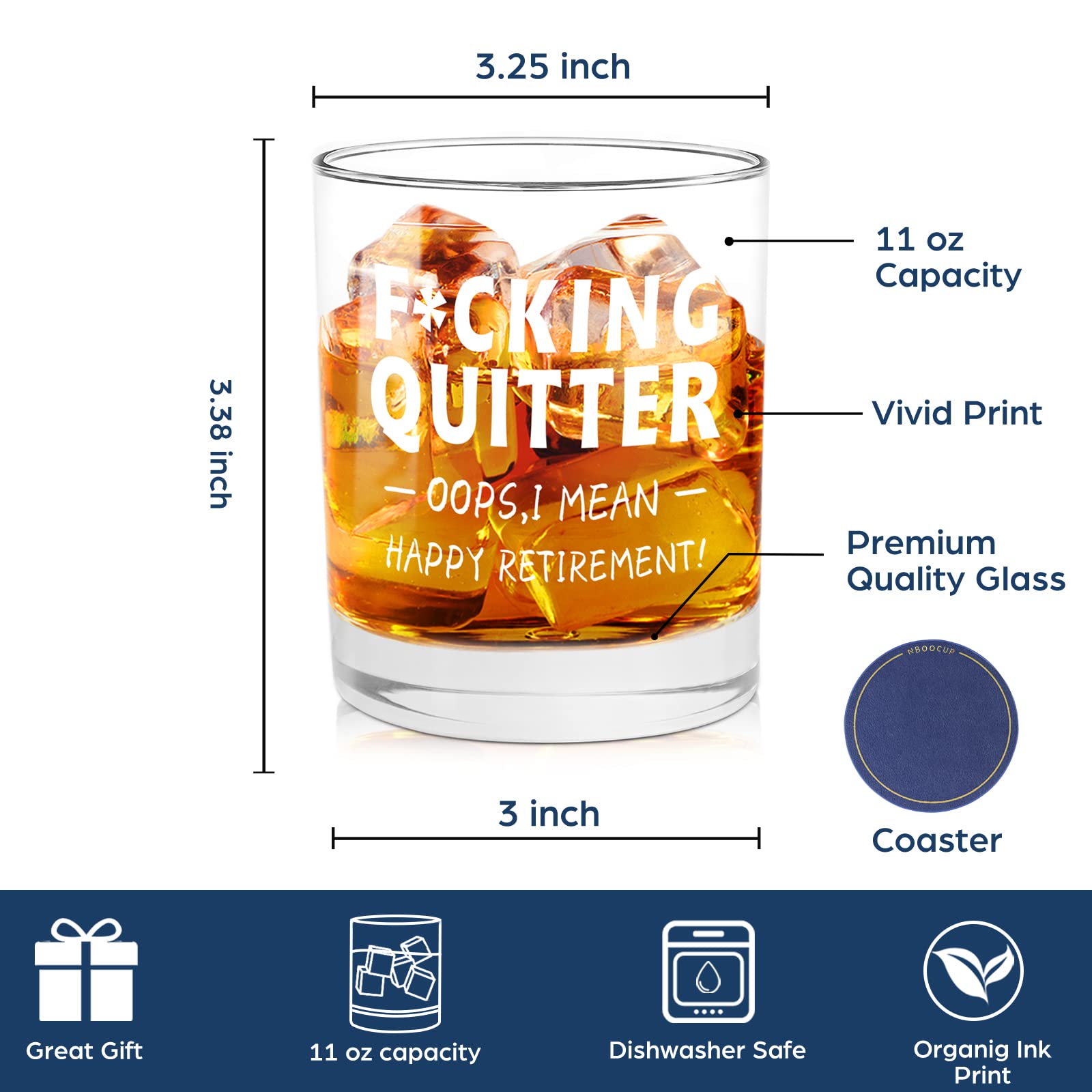 Quitter, I Mean Happy Retirement Funny Whiskey Glass Gag Gifts for Men, Cute Retirement Gifts for Men, Coworker, Grandma, Grandpa, Dad, Uncle, Employee, Whiskey Bourbon Old Fashioned Glass, 11oz