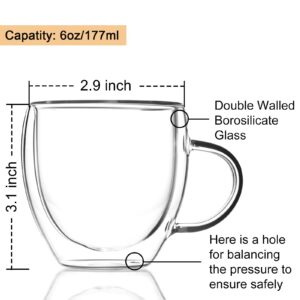 ZONEYILA Double Wall Glass Coffee Mugs Set of 4-6 OZ Insulated Coffee Cups - Clear Glass Drinkware with Handle for Double Espresso, Cappuccino, Latte, Hot/Cold Beverages