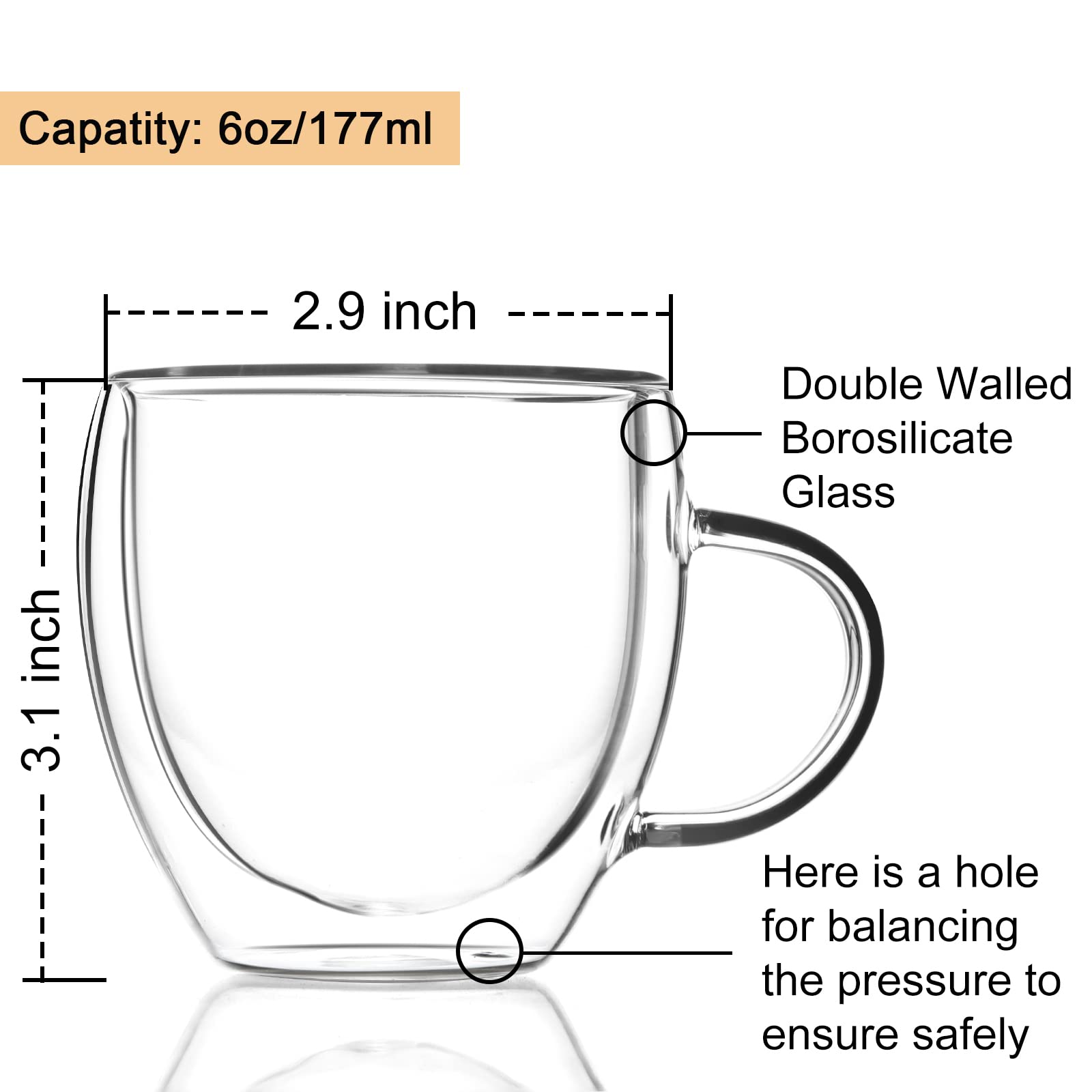 ZONEYILA Double Wall Glass Coffee Mugs Set of 4-6 OZ Insulated Coffee Cups - Clear Glass Drinkware with Handle for Double Espresso, Cappuccino, Latte, Hot/Cold Beverages