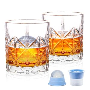 veecom whiskey glasses, whiskey glass set of 2 with ice molds, 10 oz crystal rocks glass, old fashioned bourbon glass for cocktail, scotch, cognac, vodka, whiskey gifts for men, fathers day