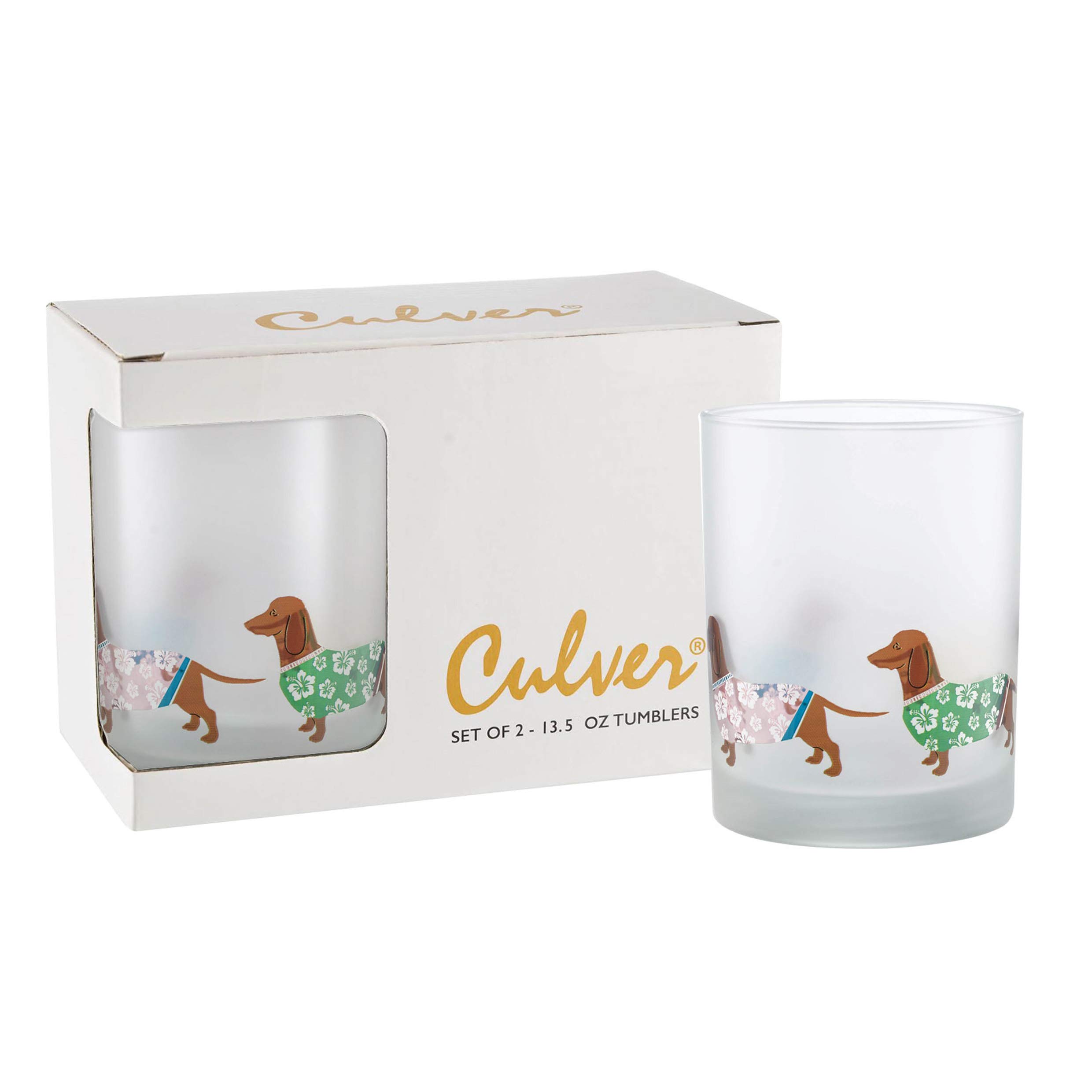 Culver Tropical Decorated Frosted Double Old Fashioned Tumbler Glasses, 13.5-Ounce, Gift Boxed Set of 2 (Luau Dachshunds Dogs)