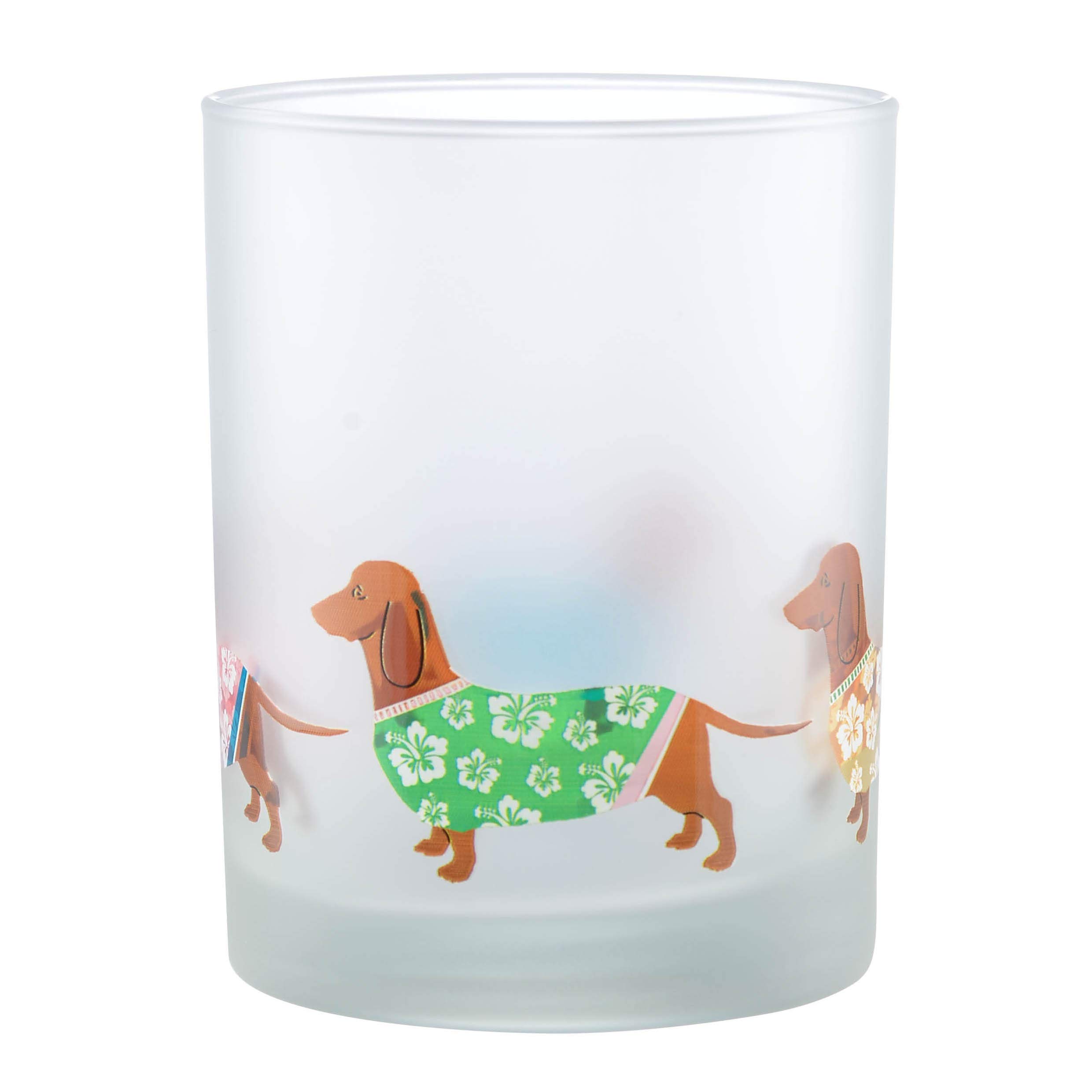 Culver Tropical Decorated Frosted Double Old Fashioned Tumbler Glasses, 13.5-Ounce, Gift Boxed Set of 2 (Luau Dachshunds Dogs)