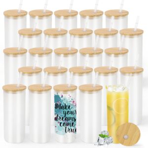 agh 25 pack sublimation glass blanks with bamboo lids and straws 25 oz frosted sublimation glass cups straight skinny sublimation beer can glass tumbler for iced coffee, juice, soda