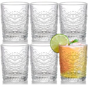okllen 6 pack clear romantic drinking glasses, 10 oz embossed water glasses tumblers, vintage glassware set highball for juice, whisky, beverages, beer, cocktail