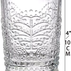 Okllen 6 Pack Clear Romantic Drinking Glasses, 10 Oz Embossed Water Glasses Tumblers, Vintage Glassware Set Highball for Juice, Whisky, Beverages, Beer, Cocktail