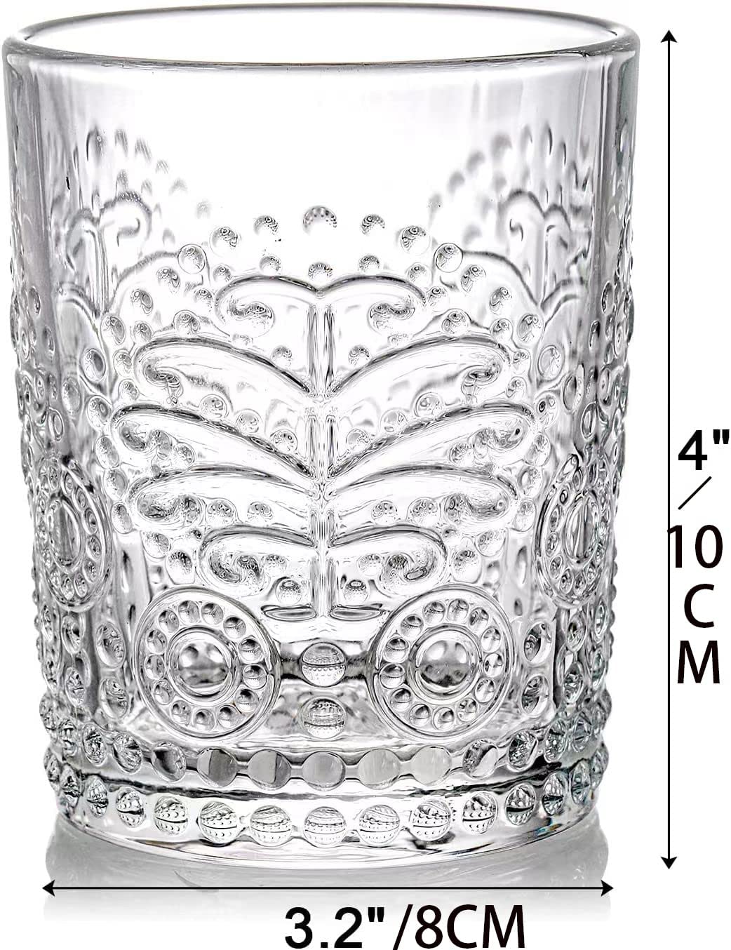 Okllen 6 Pack Clear Romantic Drinking Glasses, 10 Oz Embossed Water Glasses Tumblers, Vintage Glassware Set Highball for Juice, Whisky, Beverages, Beer, Cocktail