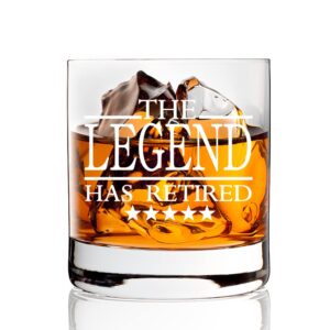 agmdesign, funny the legend has retired whiskey glasses, retirement gifts for men women coworker boss, funny retirement gag gift idea, 2021 happy retirement party decorations favors