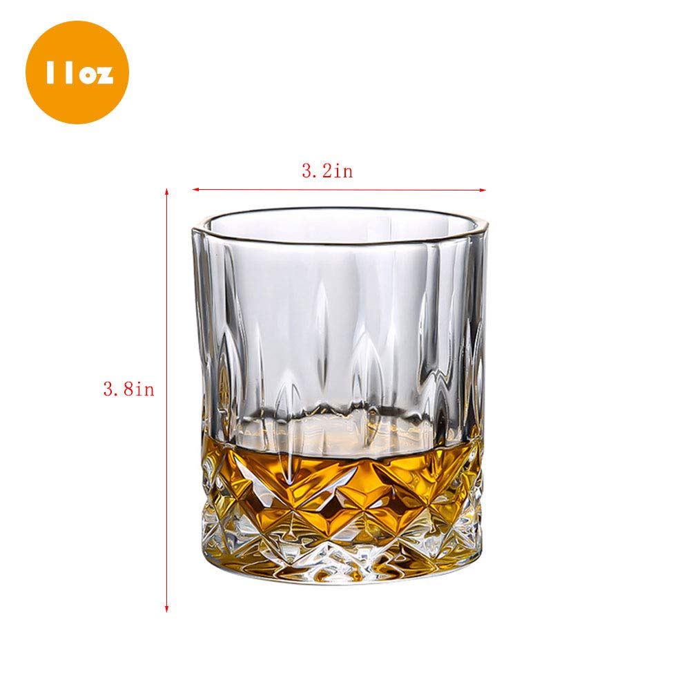 Hovico Crystal Whiskey Glass, Old Fashioned Whiskey Glasses, 11 Oz Unique Bar whiskey glasses For Scotch, Bourbon, Liquor and Cocktail Drinks - Set of 6