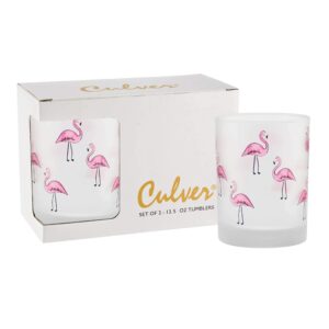 culver tropical decorated frosted double old fashioned tumbler glasses, 13.5-ounce, gift boxed set of 2 (flamingos)