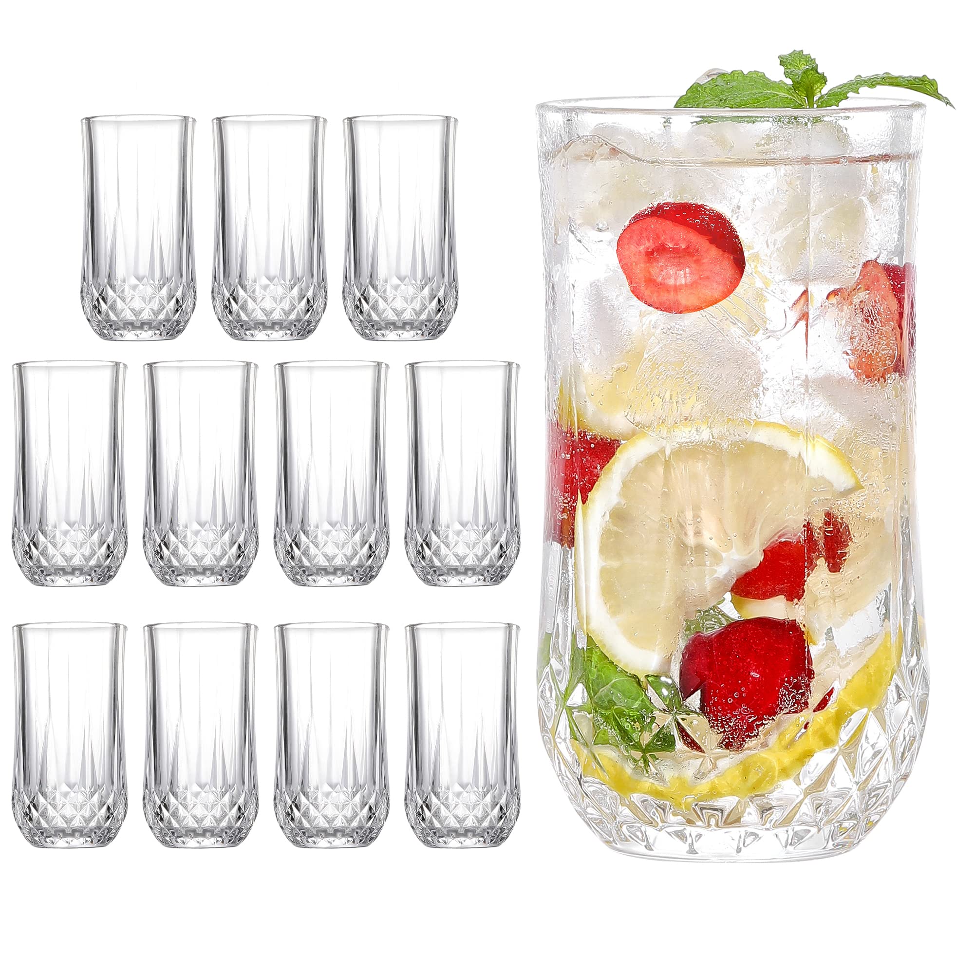 kuujojo Highball Drinking Glasses Set of 12, Clear Cocktail Glasses, 11 Ounce Cups,Elegant and Durable Tall Bar Glassware Sets for Water, Juice, Beer, Glass Cups Set with Shockproof Package