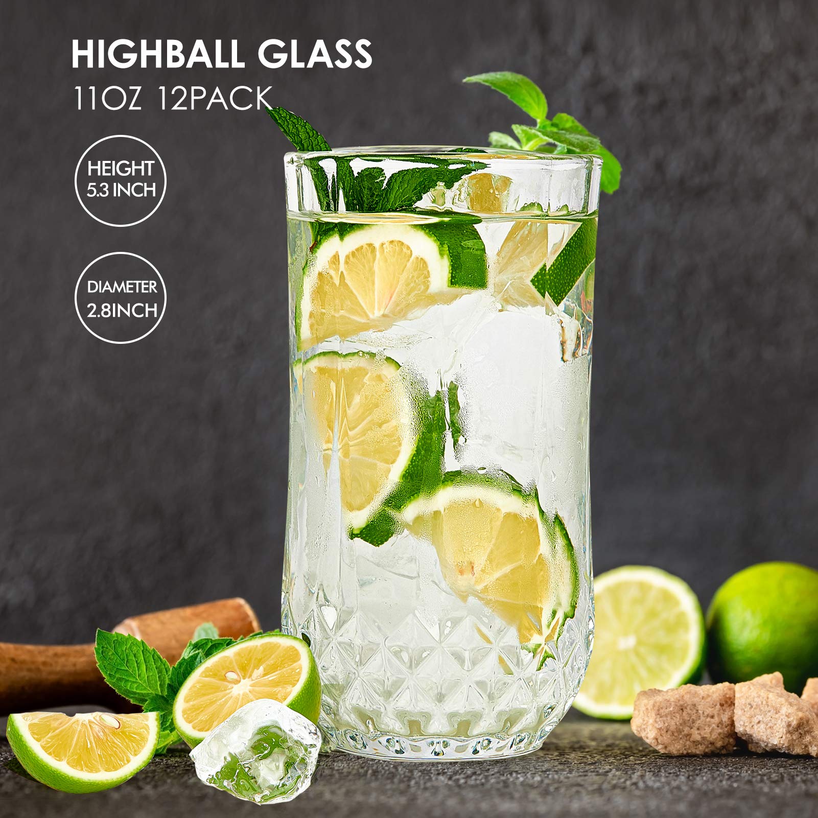 kuujojo Highball Drinking Glasses Set of 12, Clear Cocktail Glasses, 11 Ounce Cups,Elegant and Durable Tall Bar Glassware Sets for Water, Juice, Beer, Glass Cups Set with Shockproof Package