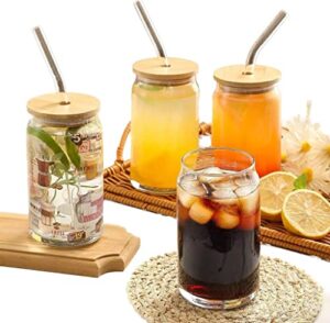 [4 pc set] can shaped drinking glass cups with bamboo lid, glass straw, and cleaning brush. high borosilicate glass material. excellent for smoothies, soda and iced coffee.