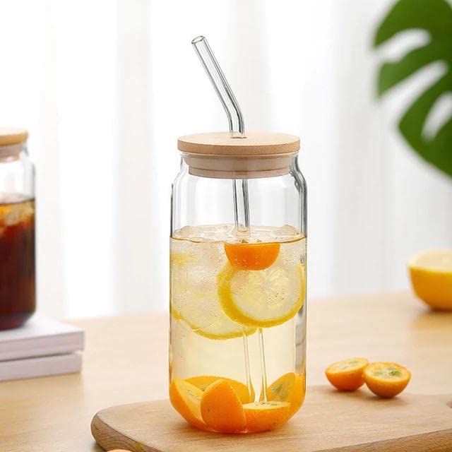 [4 pc set] Can Shaped Drinking Glass Cups with Bamboo Lid, Glass Straw, and Cleaning Brush. High Borosilicate Glass Material. Excellent for smoothies, soda and iced coffee.