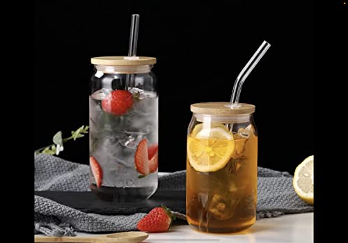 [4 pc set] Can Shaped Drinking Glass Cups with Bamboo Lid, Glass Straw, and Cleaning Brush. High Borosilicate Glass Material. Excellent for smoothies, soda and iced coffee.