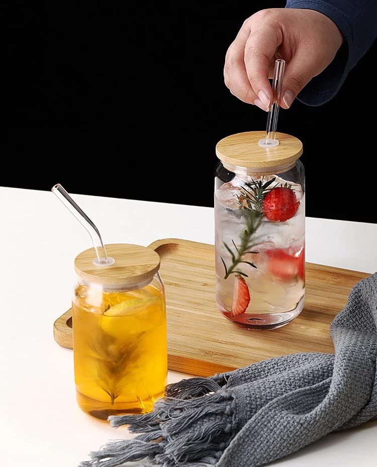 [4 pc set] Can Shaped Drinking Glass Cups with Bamboo Lid, Glass Straw, and Cleaning Brush. High Borosilicate Glass Material. Excellent for smoothies, soda and iced coffee.