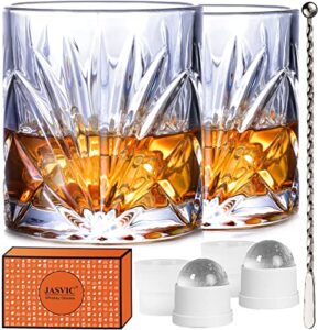 jasvic whiskey glasses set with gift box, 10 oz crystal rocks glasses, 2 old fashioned glass tumbler with 2 ice molds and 1 swizzle spoon for whiskey cocktail bourbon liquor scotch