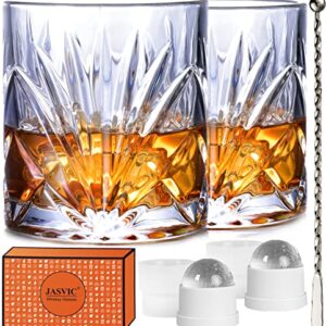 JASVIC Whiskey Glasses Set with Gift Box, 10 Oz Crystal Rocks Glasses, 2 Old Fashioned Glass Tumbler with 2 Ice Molds and 1 Swizzle Spoon for Whiskey Cocktail Bourbon Liquor Scotch