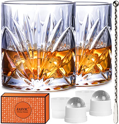 JASVIC Whiskey Glasses Set with Gift Box, 10 Oz Crystal Rocks Glasses, 2 Old Fashioned Glass Tumbler with 2 Ice Molds and 1 Swizzle Spoon for Whiskey Cocktail Bourbon Liquor Scotch