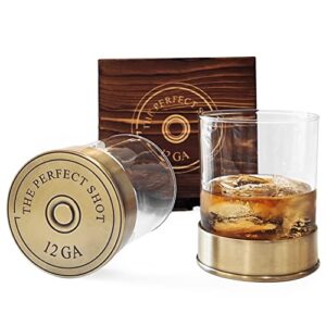 THE PERFECT SHOT Whiskey Co 12 GA Collection Signature Shotgun Shell Whiskey Rocks Glasses Gift Box | Set of 2 | REAL METAL Case and Heavy Glass | Old Fashioned Whiskey Glasses Gift Set | 10 Oz