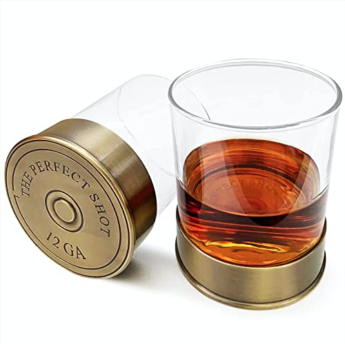 THE PERFECT SHOT Whiskey Co 12 GA Collection Signature Shotgun Shell Whiskey Rocks Glasses Gift Box | Set of 2 | REAL METAL Case and Heavy Glass | Old Fashioned Whiskey Glasses Gift Set | 10 Oz