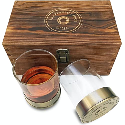 THE PERFECT SHOT Whiskey Co 12 GA Collection Signature Shotgun Shell Whiskey Rocks Glasses Gift Box | Set of 2 | REAL METAL Case and Heavy Glass | Old Fashioned Whiskey Glasses Gift Set | 10 Oz