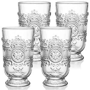 Hacaroa Set of 4 Vintage Embossed Drinking Glasses Short Stem Water Glassware, 11 Oz Clear Stemmed Highball Glass Beverage Cup, Romantic Footed Wiskey Glasses for Juice, Beer, Party, Bar