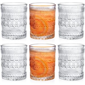 coloch 6 pack 11 oz romanstic drinking glasses, embossed water glasses vintage heavy base whiskey glasses clear glass tumblers for juice, beverages, cocktail, coffee, bar, restaurant, kitchen