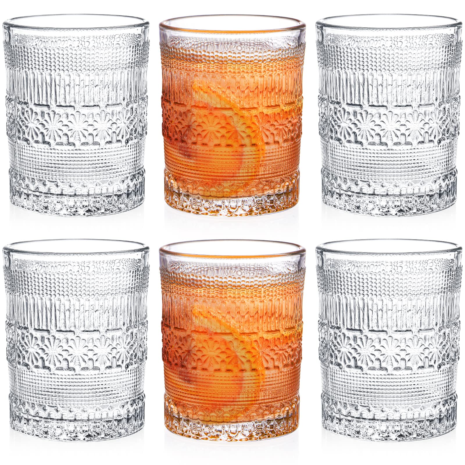 Coloch 6 Pack 11 Oz Romanstic Drinking Glasses, Embossed Water Glasses Vintage Heavy Base Whiskey Glasses Clear Glass Tumblers for Juice, Beverages, Cocktail, Coffee, Bar, Restaurant, Kitchen