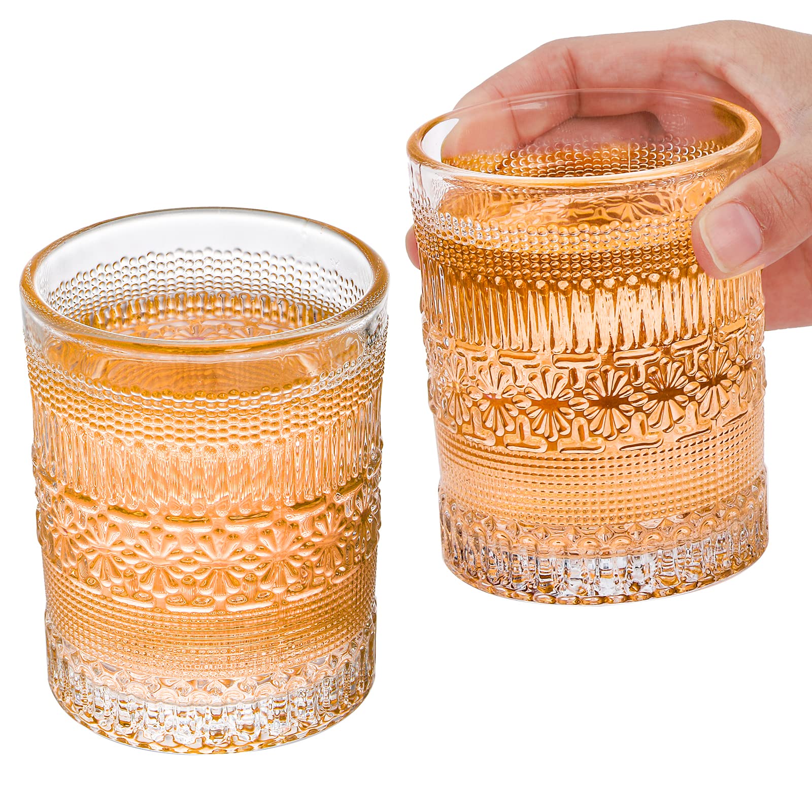 Coloch 6 Pack 11 Oz Romanstic Drinking Glasses, Embossed Water Glasses Vintage Heavy Base Whiskey Glasses Clear Glass Tumblers for Juice, Beverages, Cocktail, Coffee, Bar, Restaurant, Kitchen