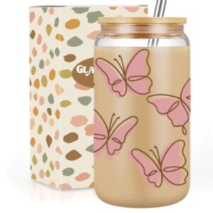 gspy butterfly iced coffee cup, cute glass cups with lids and straws - butterfly gifts for women, girls - mothers day gifts for friend, cute mugs aesthetic coffee cup, butterfly mug tumbler