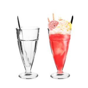 binsakao milkshake glasses cups soda fountain with spoons, milk shake, ice cream soda glass, 12-ounce, clear, set of 2