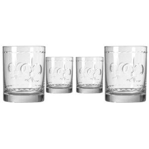 rolf glass fleur de lis double old fashioned glass 13 ounce - whiskey glass – lead-free glass tumbler - etched whiskey tumbler glasses – proudly made in the usa (set of 4)