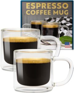 eparé 4 oz glass espresso cups - set of 2 - insulated clear mug with handle - double walled italian demitasse cup - cafe cappuccino shot glasses