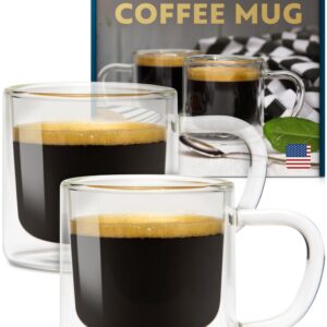 Eparé 4 oz Glass Espresso Cups - Set of 2 - Insulated Clear Mug with Handle - Double Walled Italian Demitasse Cup - Cafe Cappuccino Shot Glasses