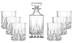 whiskey decanter and tumbler 7 pc set - glass - for whiskey, liquor, scotch, bourbon - 25 oz. square decanter with 6-10 oz. double old fashioned tumblers- by barski - made in europe