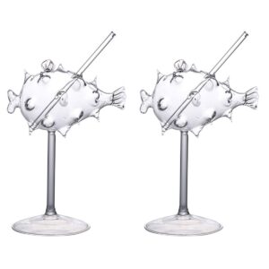 angoily creative puffer fish cocktail glasses set of 2, clear puffer fish shaped drinks cups 280ml wine glasses for party novelty mushroom glasses drinking for ktv bar club restaurant