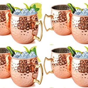 Moscow Mule Mugs Set of 8 | Large Size 19 ounces | Stainless Steel Lining Copper Hammered Cups | | Pure Copper Plating | Gold Brass Handles Gift Pack…