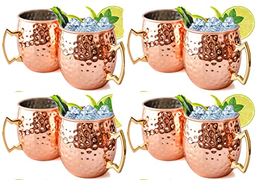 Moscow Mule Mugs Set of 8 | Large Size 19 ounces | Stainless Steel Lining Copper Hammered Cups | | Pure Copper Plating | Gold Brass Handles Gift Pack…