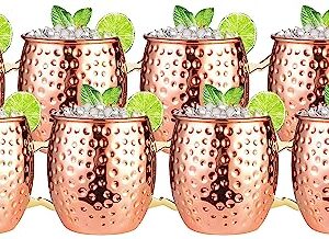 Moscow Mule Mugs Set of 8 | Large Size 19 ounces | Stainless Steel Lining Copper Hammered Cups | | Pure Copper Plating | Gold Brass Handles Gift Pack…