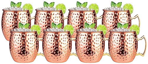 Moscow Mule Mugs Set of 8 | Large Size 19 ounces | Stainless Steel Lining Copper Hammered Cups | | Pure Copper Plating | Gold Brass Handles Gift Pack…