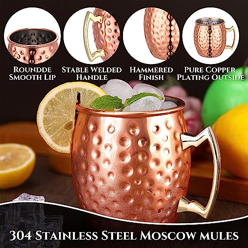 Moscow Mule Mugs Set of 8 | Large Size 19 ounces | Stainless Steel Lining Copper Hammered Cups | | Pure Copper Plating | Gold Brass Handles Gift Pack…