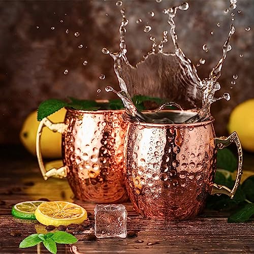 Moscow Mule Mugs Set of 8 | Large Size 19 ounces | Stainless Steel Lining Copper Hammered Cups | | Pure Copper Plating | Gold Brass Handles Gift Pack…