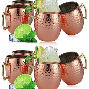 Moscow Mule Mugs Set of 8 | Large Size 19 ounces | Stainless Steel Lining Copper Hammered Cups | | Pure Copper Plating | Gold Brass Handles Gift Pack…